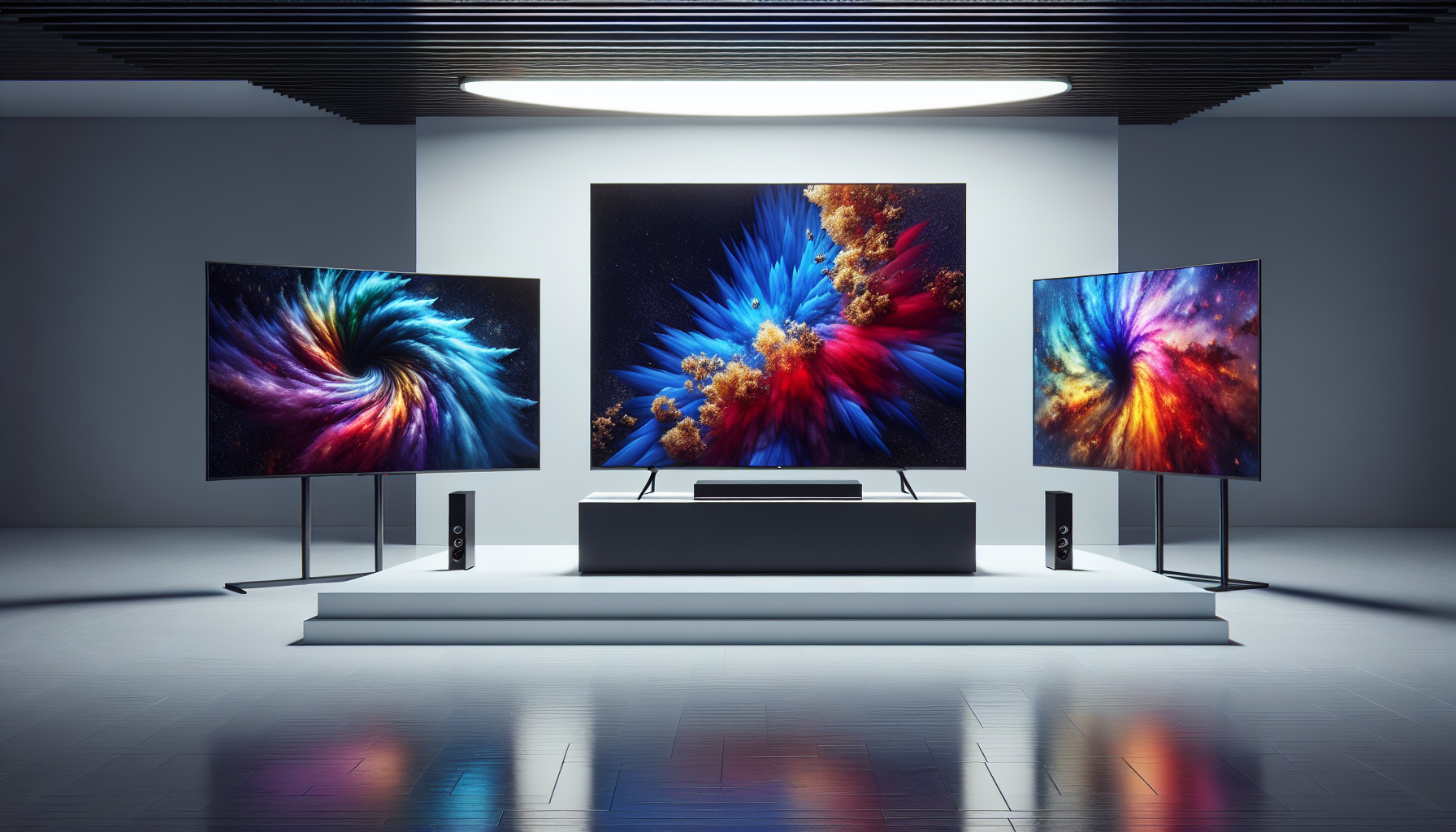 2026 flagship TV lineup showing three different panel technologies side by side in a showroom
