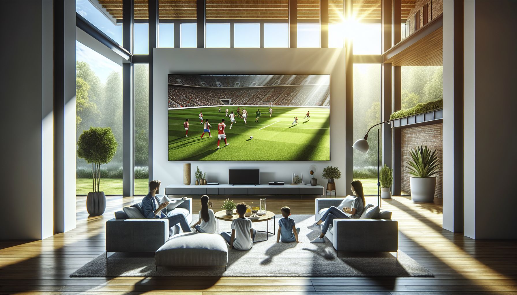Bright living room with natural light showing QLED TV displaying football match with vivid colors