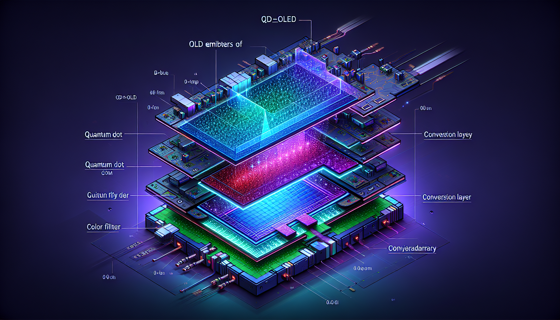 QD-OLED panel architecture cross-section showing blue OLED emitters and quantum dot conversion layer